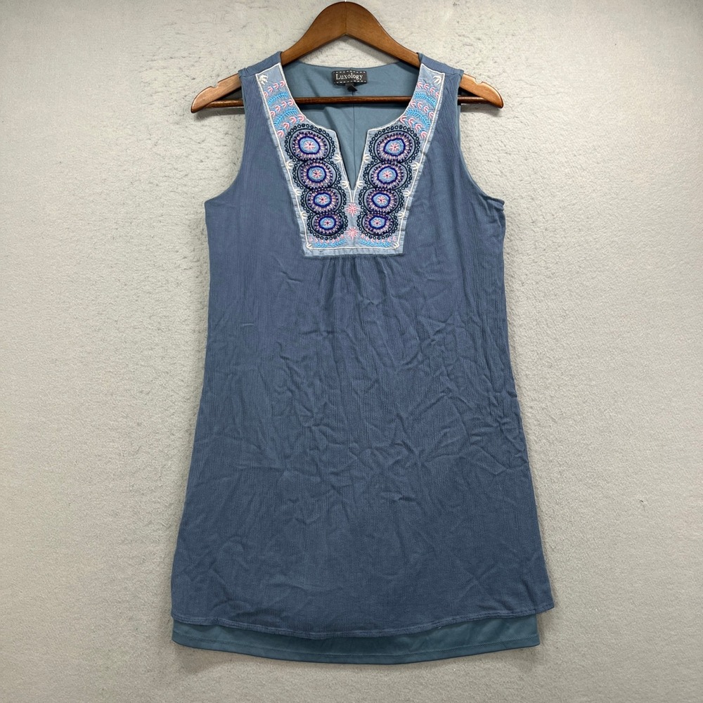 Luxology Shift Dress Womens 6 Blue Embroidered V Neck Sleeveless Boho Coastal